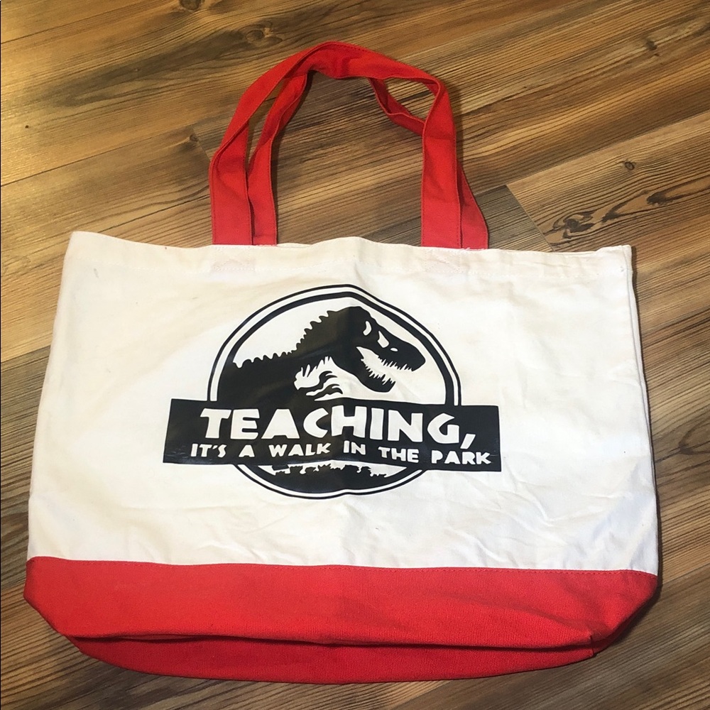 Teacher, it’s a Walk in the Park Dinosaur 🦕 Tote Bag with Red & Black Accents